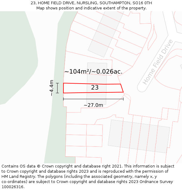 23, HOME FIELD DRIVE, NURSLING, SOUTHAMPTON, SO16 0TH: Plot and title map