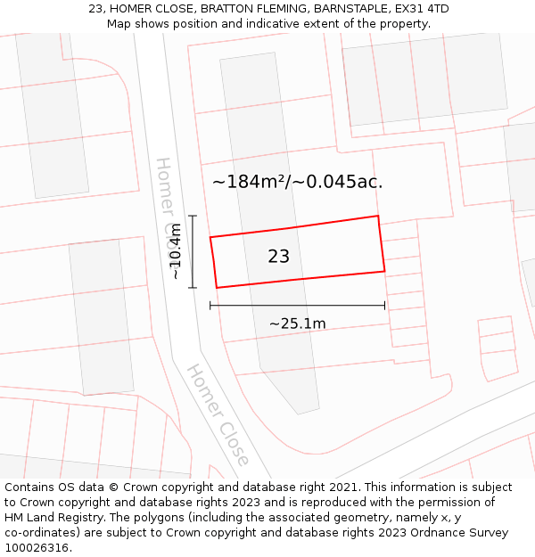 23, HOMER CLOSE, BRATTON FLEMING, BARNSTAPLE, EX31 4TD: Plot and title map