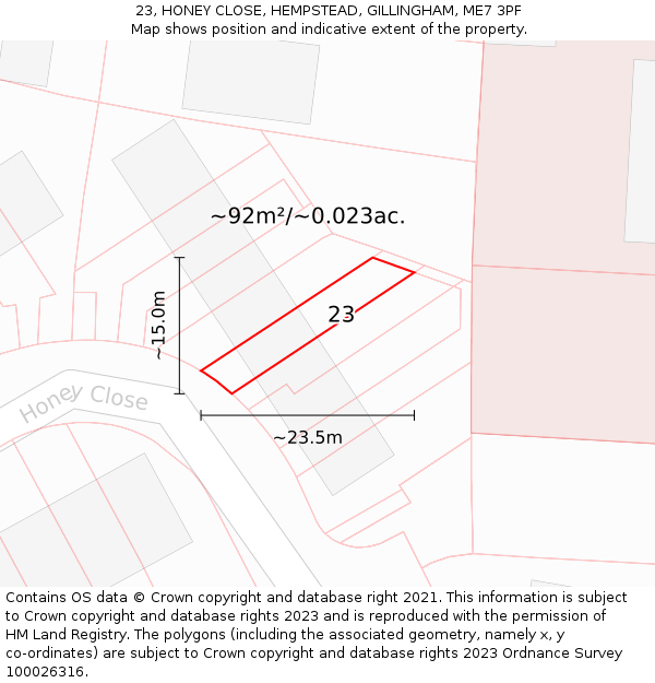 23, HONEY CLOSE, HEMPSTEAD, GILLINGHAM, ME7 3PF: Plot and title map