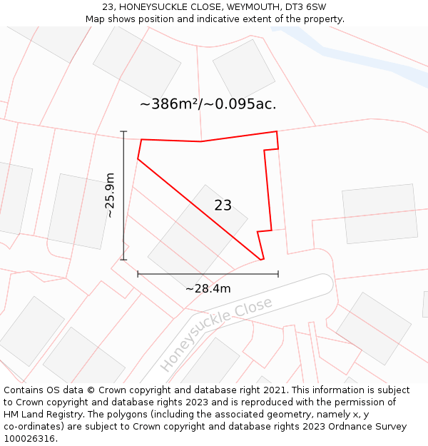 23, HONEYSUCKLE CLOSE, WEYMOUTH, DT3 6SW: Plot and title map