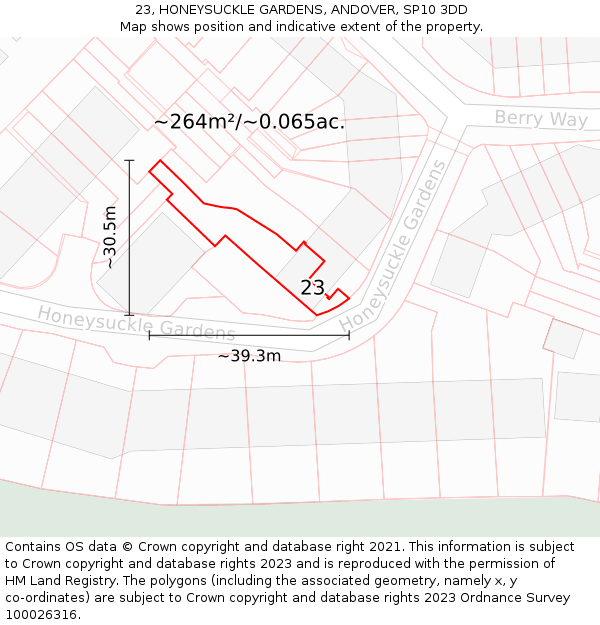 23, HONEYSUCKLE GARDENS, ANDOVER, SP10 3DD: Plot and title map