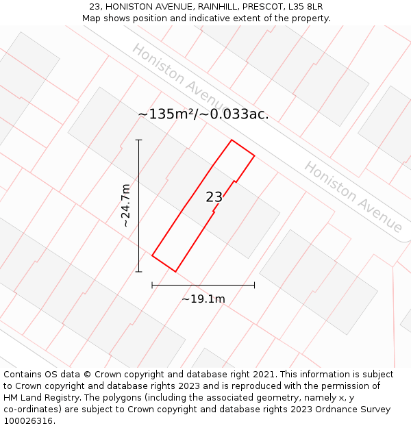 23, HONISTON AVENUE, RAINHILL, PRESCOT, L35 8LR: Plot and title map
