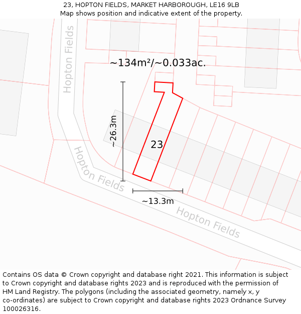 23, HOPTON FIELDS, MARKET HARBOROUGH, LE16 9LB: Plot and title map