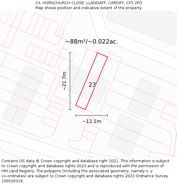 23, HORNCHURCH CLOSE, LLANDAFF, CARDIFF, CF5 2PD: Plot and title map