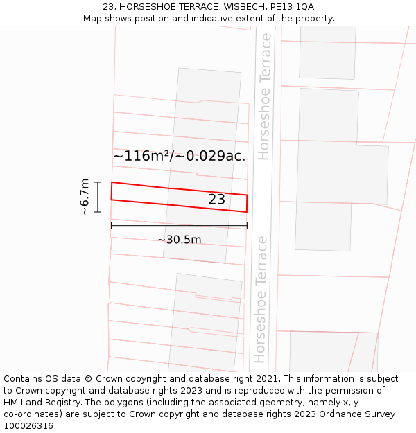 23, HORSESHOE TERRACE, WISBECH, PE13 1QA: Plot and title map