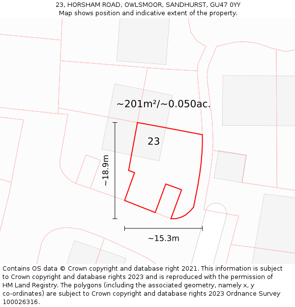 23, HORSHAM ROAD, OWLSMOOR, SANDHURST, GU47 0YY: Plot and title map