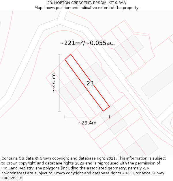 23, HORTON CRESCENT, EPSOM, KT19 8AA: Plot and title map