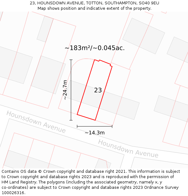 23, HOUNSDOWN AVENUE, TOTTON, SOUTHAMPTON, SO40 9EU: Plot and title map