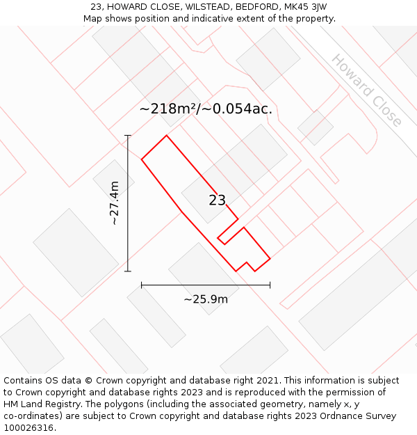 23, HOWARD CLOSE, WILSTEAD, BEDFORD, MK45 3JW: Plot and title map