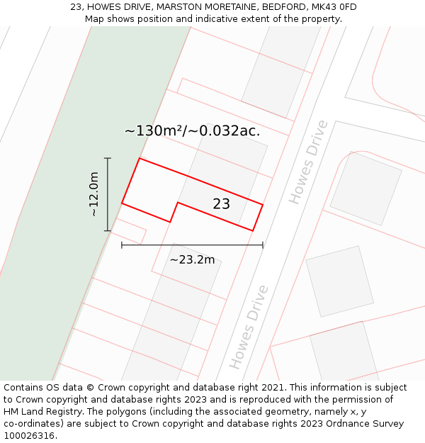 23, HOWES DRIVE, MARSTON MORETAINE, BEDFORD, MK43 0FD: Plot and title map