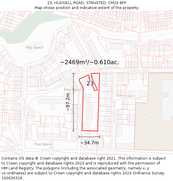 23, HUDGELL ROAD, STANSTED, CM24 8FP: Plot and title map