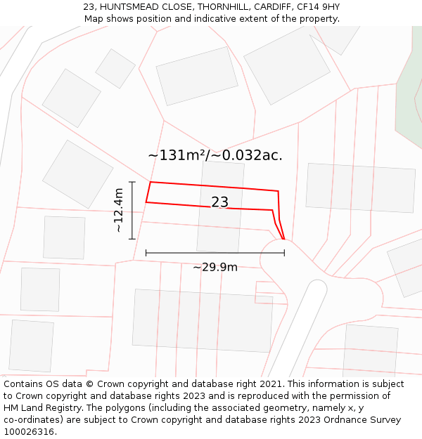 23, HUNTSMEAD CLOSE, THORNHILL, CARDIFF, CF14 9HY: Plot and title map