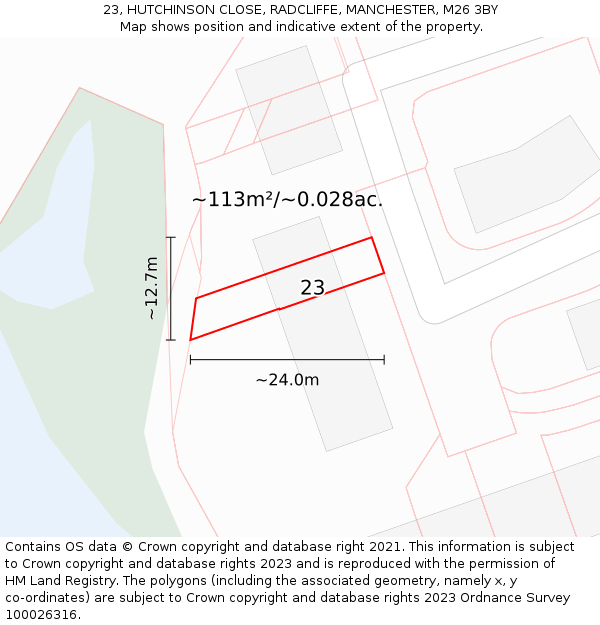 23, HUTCHINSON CLOSE, RADCLIFFE, MANCHESTER, M26 3BY: Plot and title map