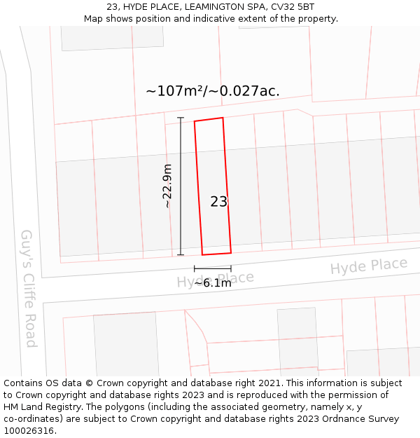 23, HYDE PLACE, LEAMINGTON SPA, CV32 5BT: Plot and title map