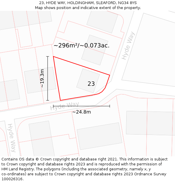 23, HYDE WAY, HOLDINGHAM, SLEAFORD, NG34 8YS: Plot and title map