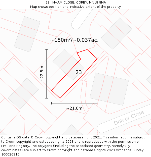 23, INHAM CLOSE, CORBY, NN18 8NA: Plot and title map