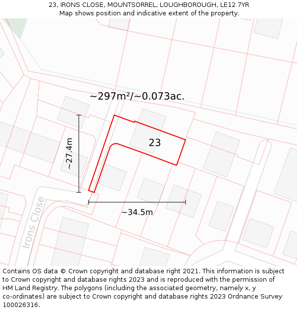 23, IRONS CLOSE, MOUNTSORREL, LOUGHBOROUGH, LE12 7YR: Plot and title map