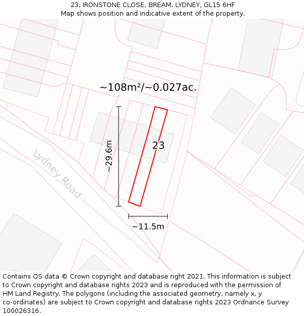 23, IRONSTONE CLOSE, BREAM, LYDNEY, GL15 6HF: Plot and title map