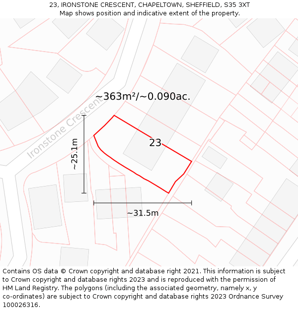23, IRONSTONE CRESCENT, CHAPELTOWN, SHEFFIELD, S35 3XT: Plot and title map
