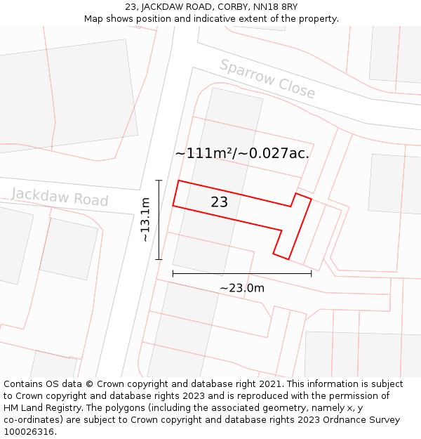 23, JACKDAW ROAD, CORBY, NN18 8RY: Plot and title map