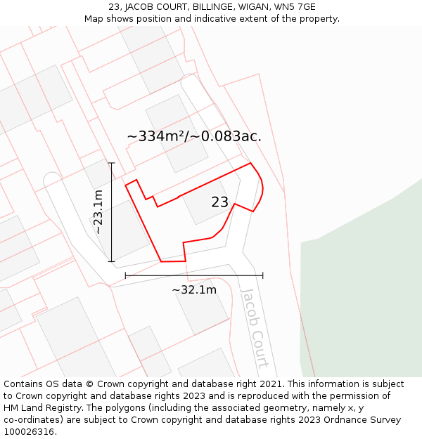 23, JACOB COURT, BILLINGE, WIGAN, WN5 7GE: Plot and title map