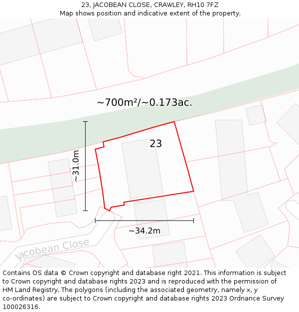 23, JACOBEAN CLOSE, CRAWLEY, RH10 7FZ: Plot and title map