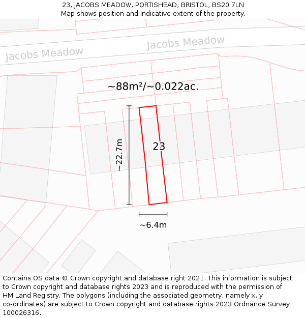 23, JACOBS MEADOW, PORTISHEAD, BRISTOL, BS20 7LN: Plot and title map