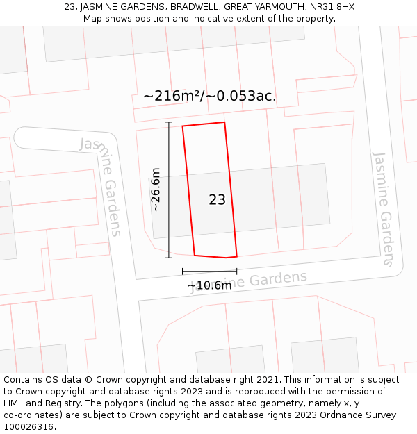 23, JASMINE GARDENS, BRADWELL, GREAT YARMOUTH, NR31 8HX: Plot and title map