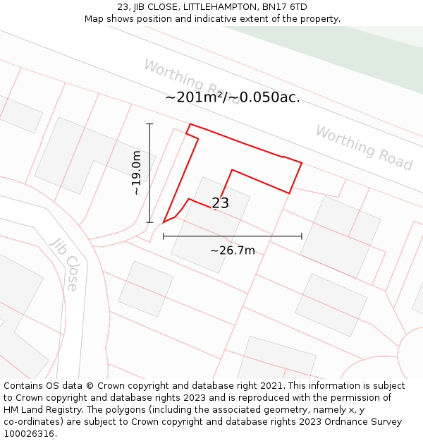23, JIB CLOSE, LITTLEHAMPTON, BN17 6TD: Plot and title map