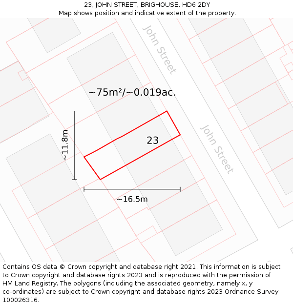 23, JOHN STREET, BRIGHOUSE, HD6 2DY: Plot and title map