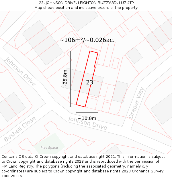 23, JOHNSON DRIVE, LEIGHTON BUZZARD, LU7 4TP: Plot and title map
