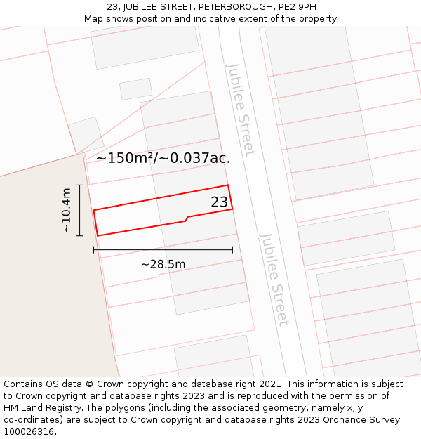 23, JUBILEE STREET, PETERBOROUGH, PE2 9PH: Plot and title map