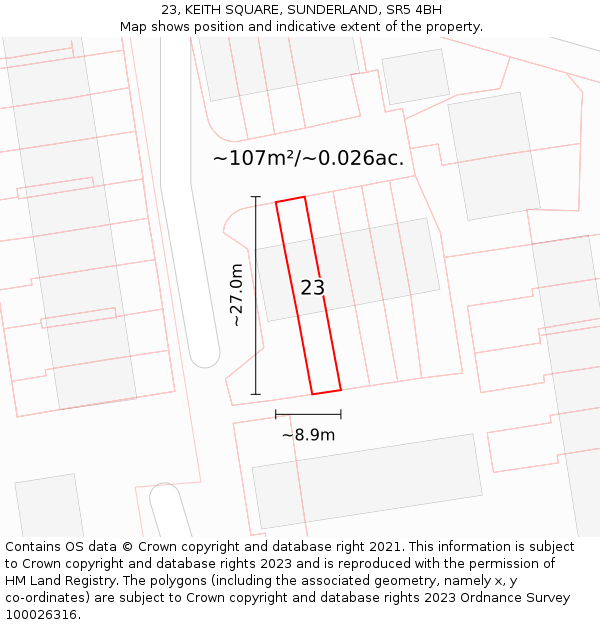 23, KEITH SQUARE, SUNDERLAND, SR5 4BH: Plot and title map