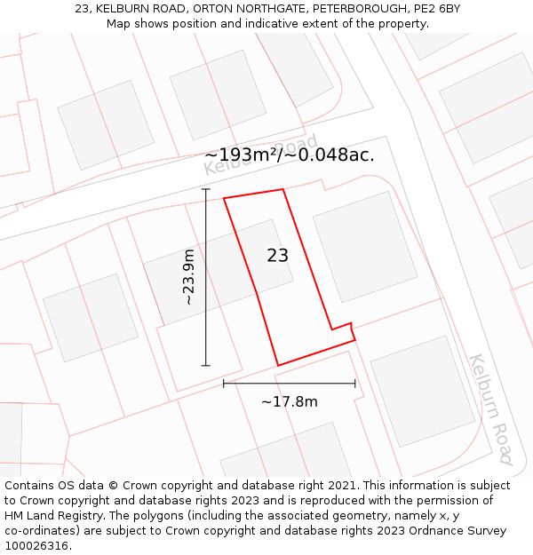 23, KELBURN ROAD, ORTON NORTHGATE, PETERBOROUGH, PE2 6BY: Plot and title map