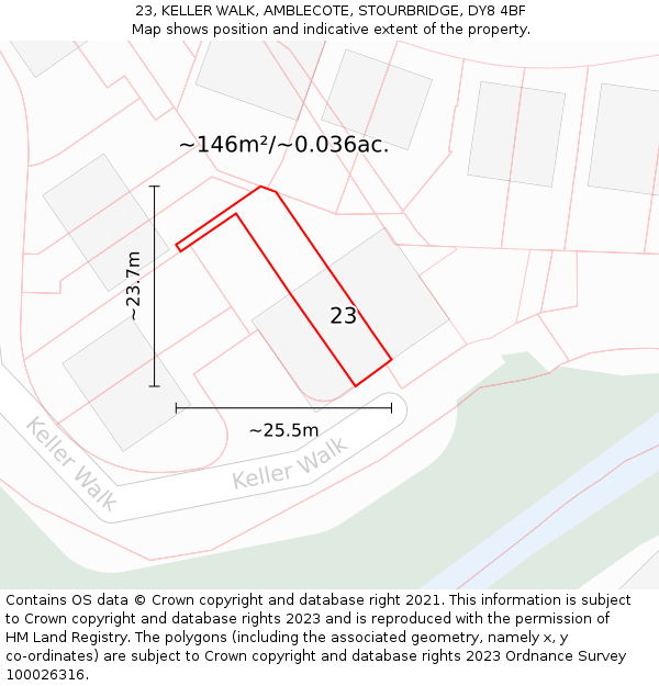 23, KELLER WALK, AMBLECOTE, STOURBRIDGE, DY8 4BF: Plot and title map