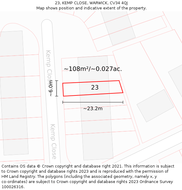 23, KEMP CLOSE, WARWICK, CV34 4QJ: Plot and title map