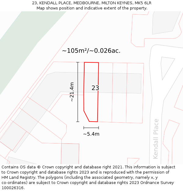 23, KENDALL PLACE, MEDBOURNE, MILTON KEYNES, MK5 6LR: Plot and title map