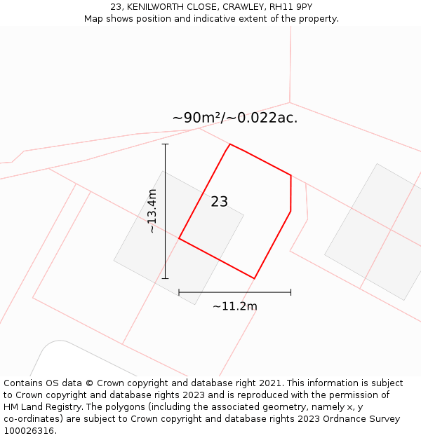 23, KENILWORTH CLOSE, CRAWLEY, RH11 9PY: Plot and title map