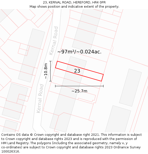 23, KERNAL ROAD, HEREFORD, HR4 0PR: Plot and title map