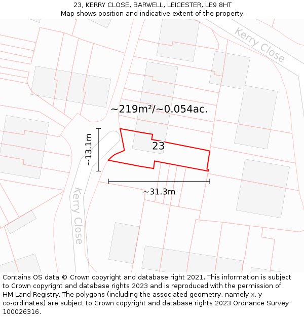 23, KERRY CLOSE, BARWELL, LEICESTER, LE9 8HT: Plot and title map