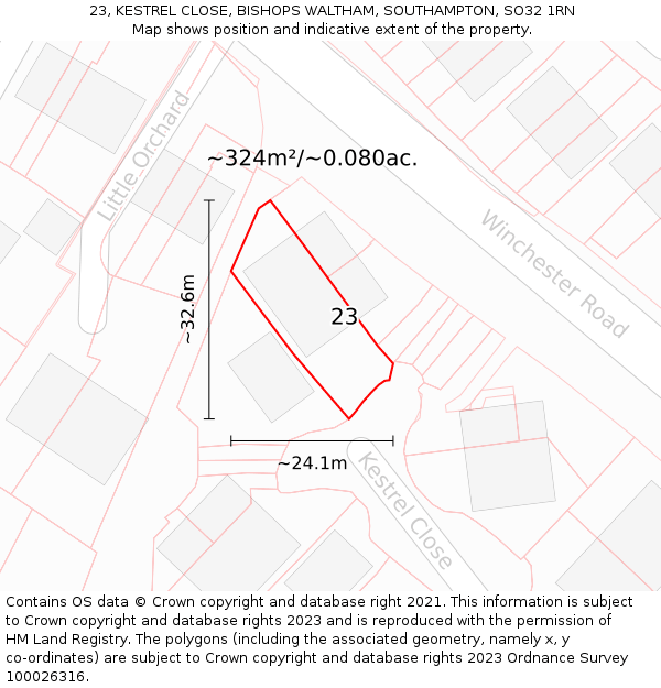 23, KESTREL CLOSE, BISHOPS WALTHAM, SOUTHAMPTON, SO32 1RN: Plot and title map