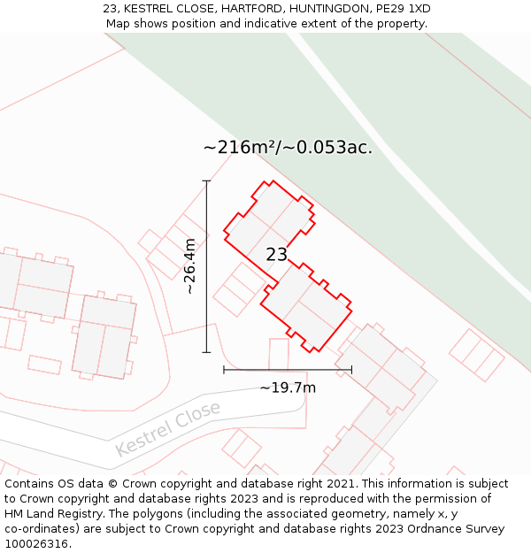 23, KESTREL CLOSE, HARTFORD, HUNTINGDON, PE29 1XD: Plot and title map