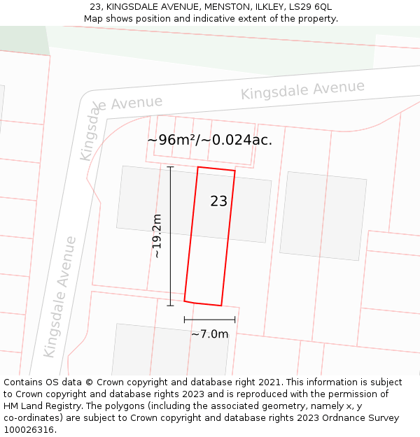 23, KINGSDALE AVENUE, MENSTON, ILKLEY, LS29 6QL: Plot and title map