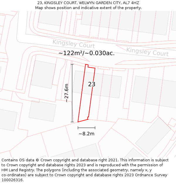 23, KINGSLEY COURT, WELWYN GARDEN CITY, AL7 4HZ: Plot and title map