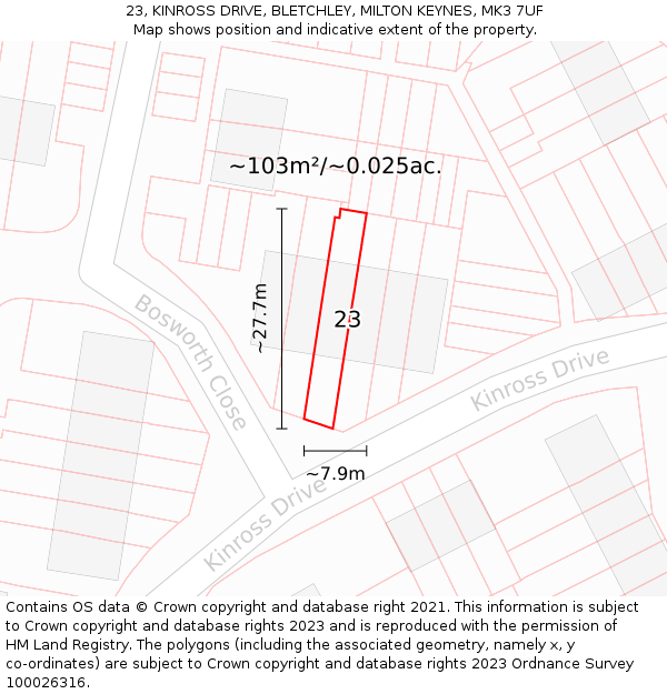 23, KINROSS DRIVE, BLETCHLEY, MILTON KEYNES, MK3 7UF: Plot and title map