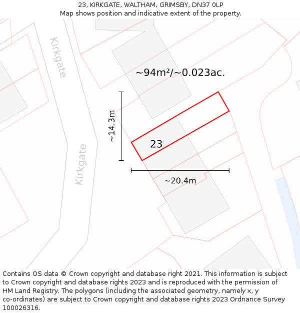 23, KIRKGATE, WALTHAM, GRIMSBY, DN37 0LP: Plot and title map