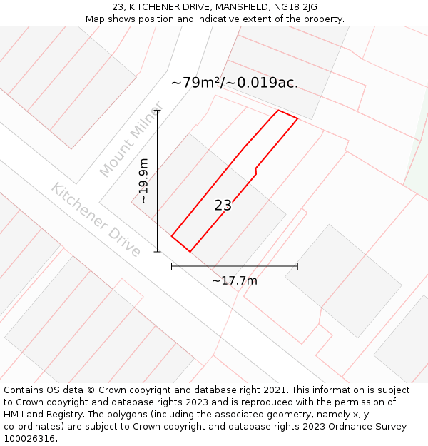 23, KITCHENER DRIVE, MANSFIELD, NG18 2JG: Plot and title map