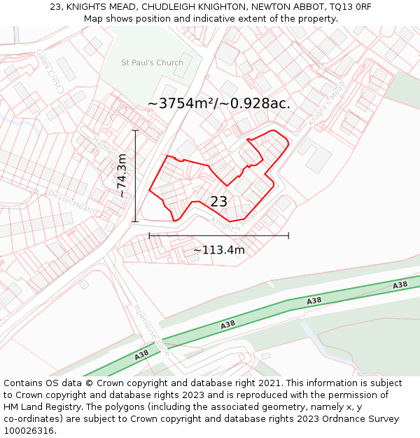23, KNIGHTS MEAD, CHUDLEIGH KNIGHTON, NEWTON ABBOT, TQ13 0RF: Plot and title map
