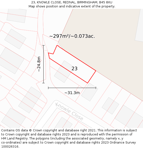 23, KNOWLE CLOSE, REDNAL, BIRMINGHAM, B45 8XU: Plot and title map