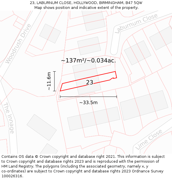 23, LABURNUM CLOSE, HOLLYWOOD, BIRMINGHAM, B47 5QW: Plot and title map